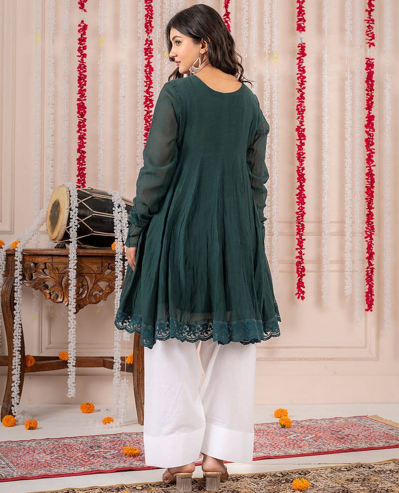 Emerald green crinkled peplum kurta set