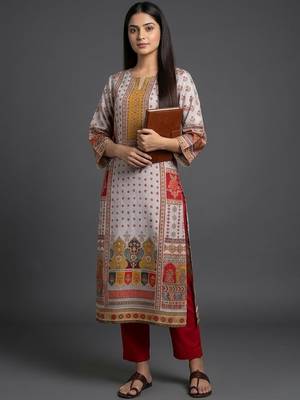 everyday classic women ethnic motifs printed regular chanderi silk kurta with trousers 1