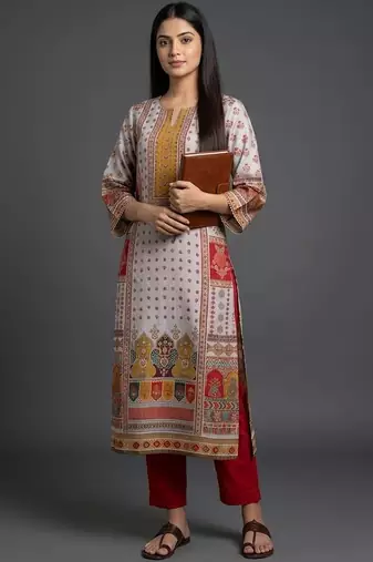 everyday classic women ethnic motifs printed regular chanderi silk kurta with trousers