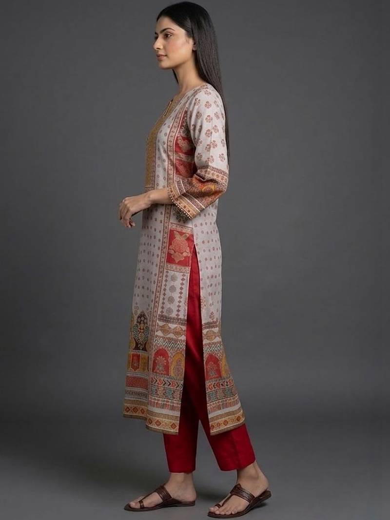 everyday classic women ethnic motifs printed regular chanderi silk kurta with trousers