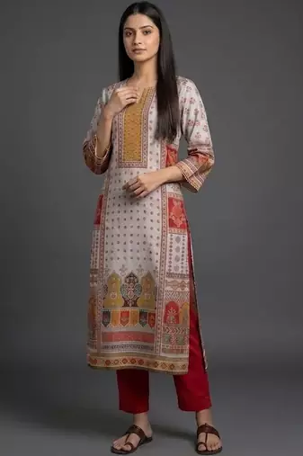 everyday classic women ethnic motifs printed regular chanderi silk kurta with trousers
