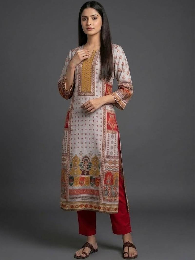 everyday classic women ethnic motifs printed regular chanderi silk kurta with trousers