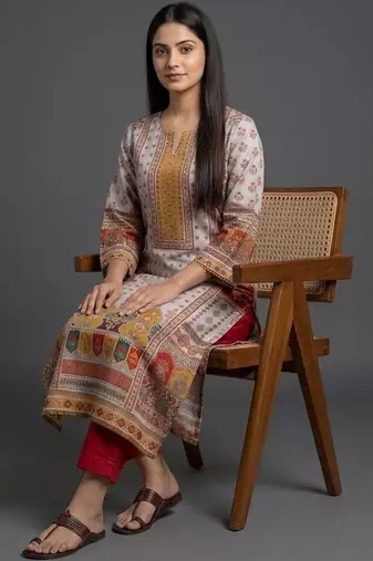 everyday classic women ethnic motifs printed regular chanderi silk kurta with trousers