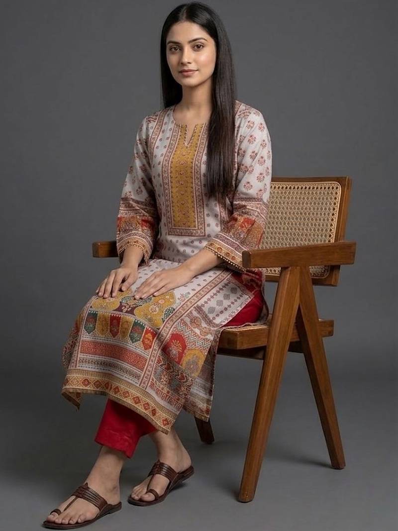 everyday classic women ethnic motifs printed regular chanderi silk kurta with trousers