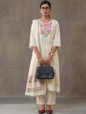 floral embroidered a-line cotton kurta & trousers sets 1