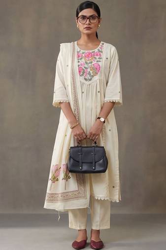 floral embroidered a-line cotton kurta & trousers sets