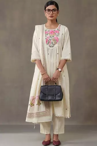 floral embroidered a-line cotton kurta & trousers sets