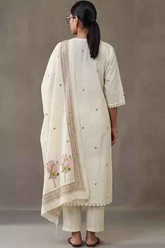 floral embroidered a-line cotton kurta & trousers sets