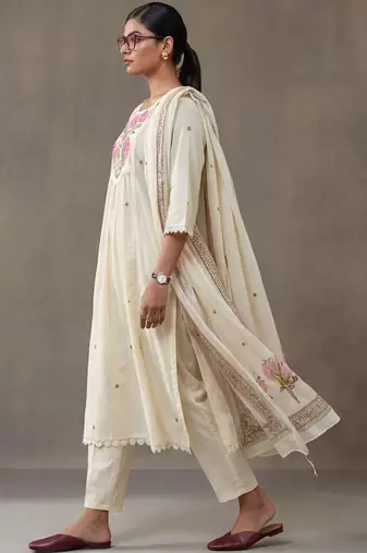 floral embroidered a-line cotton kurta & trousers sets