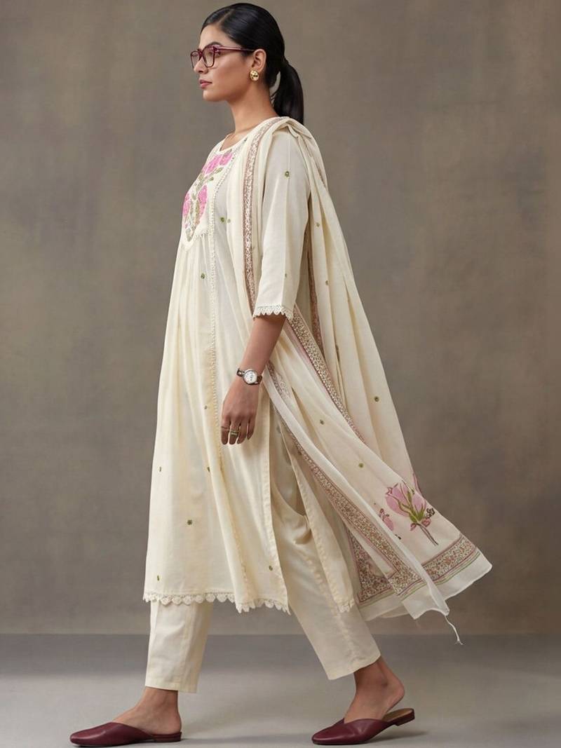floral embroidered a-line cotton kurta & trousers sets