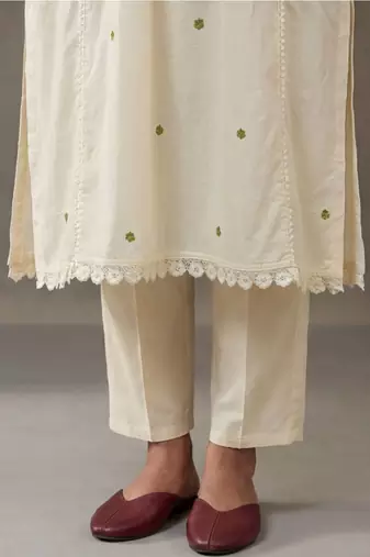 floral embroidered a-line cotton kurta & trousers sets
