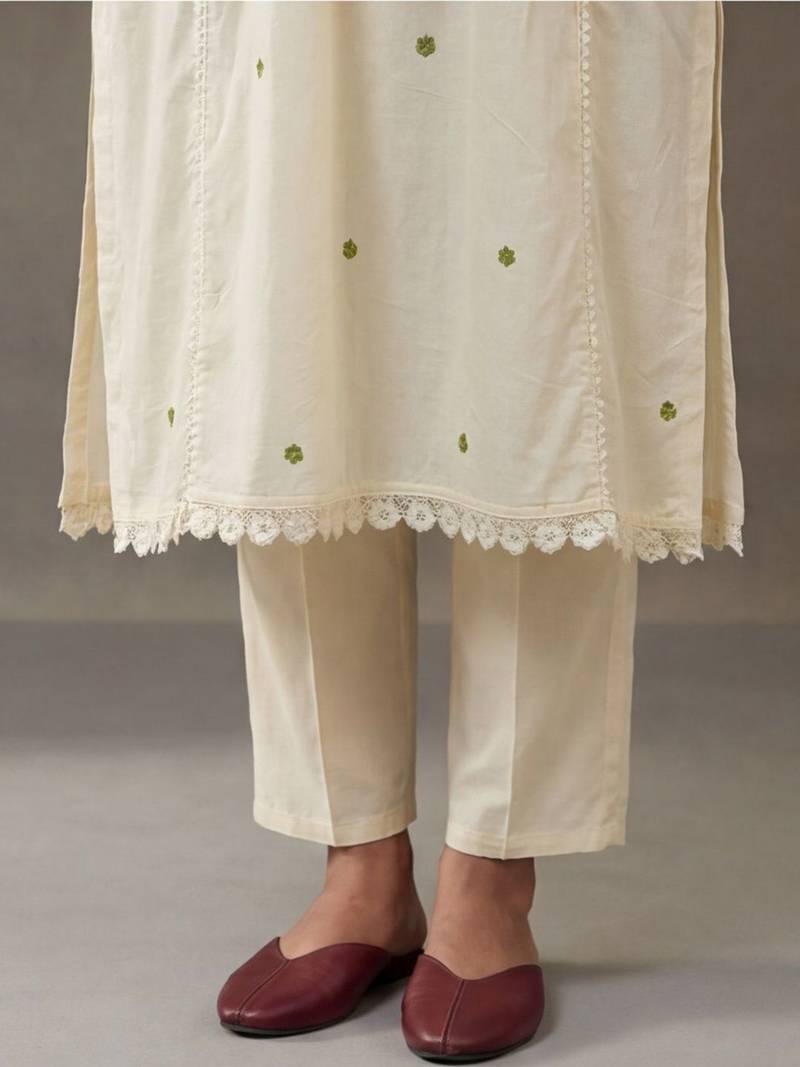 floral embroidered a-line cotton kurta & trousers sets
