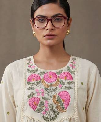 floral embroidered a-line cotton kurta & trousers sets 5