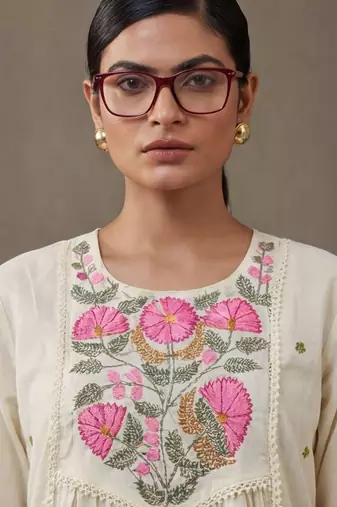 floral embroidered a-line cotton kurta & trousers sets