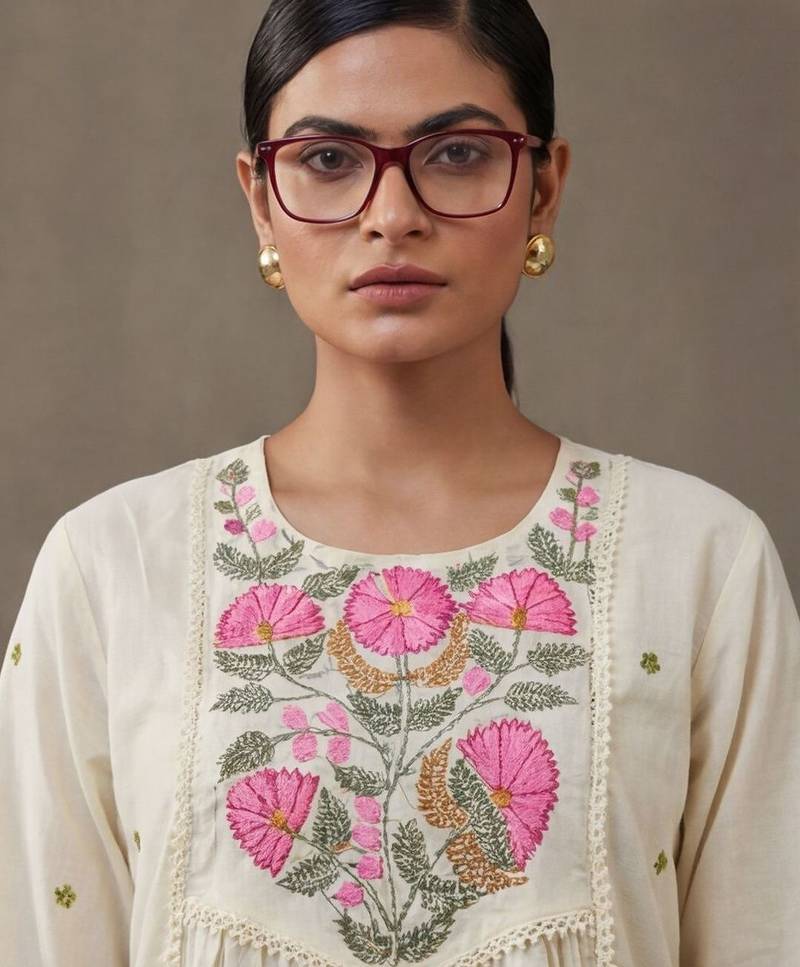 floral embroidered a-line cotton kurta & trousers sets