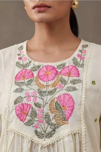 floral embroidered a-line cotton kurta & trousers sets