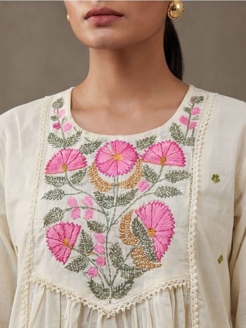 floral embroidered a-line cotton kurta & trousers sets