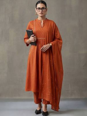 floral embroidered a-line cotton kurta & trousers sets 1