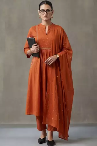 floral embroidered a-line cotton kurta & trousers sets