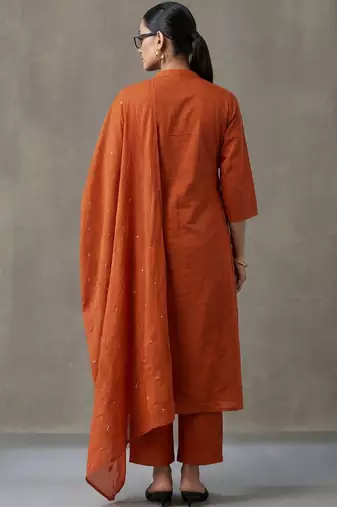 floral embroidered a-line cotton kurta & trousers sets