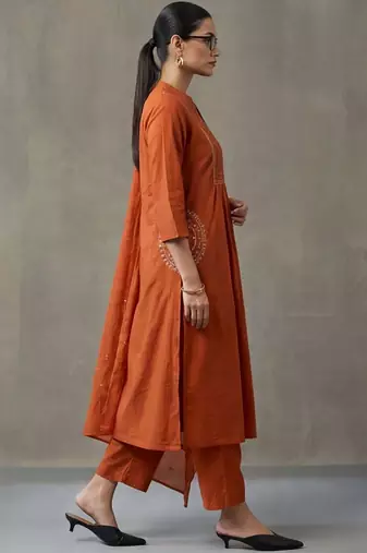 floral embroidered a-line cotton kurta & trousers sets