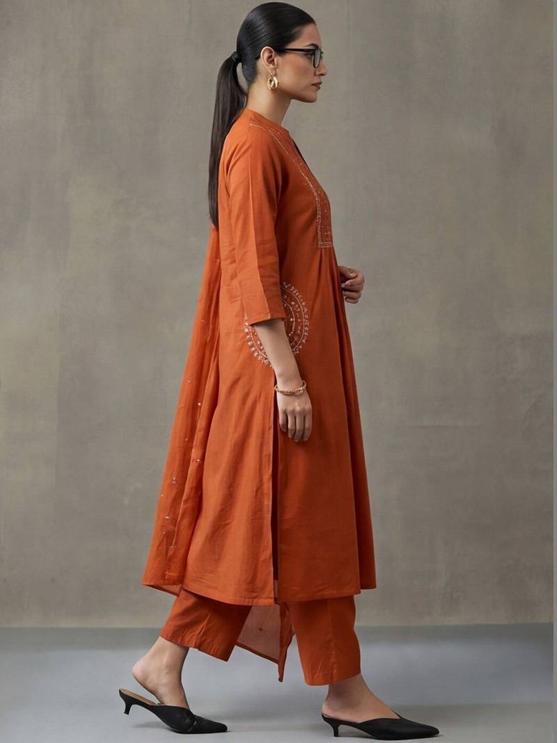 floral embroidered a-line cotton kurta & trousers sets