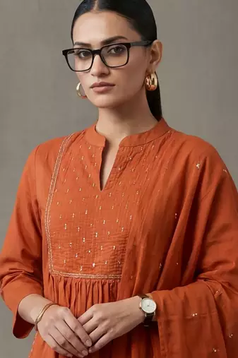 floral embroidered a-line cotton kurta & trousers sets