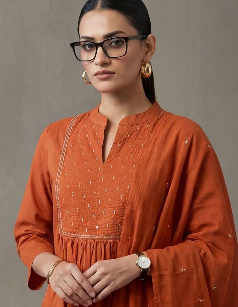 floral embroidered a-line cotton kurta & trousers sets