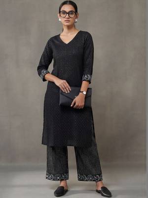 workwear women striped regular thread work cotton kurta with trousers 1