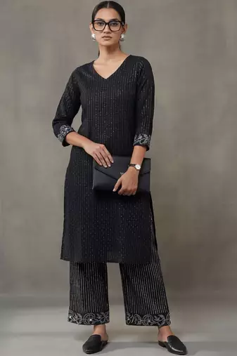 workwear women striped regular thread work cotton kurta with trousers