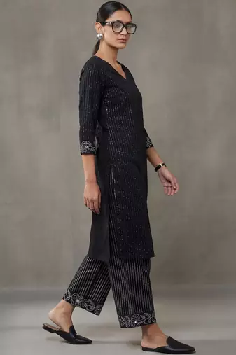 workwear women striped regular thread work cotton kurta with trousers