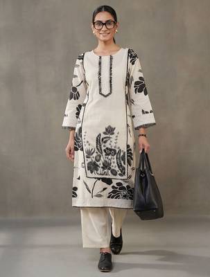 structured workwear women floral printed regular thread work cotton kurta with trousers 1