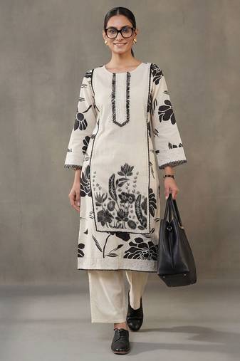structured workwear women floral printed regular thread work cotton kurta with trousers