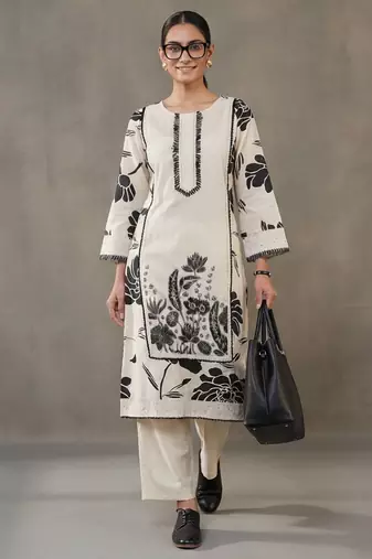 structured workwear women floral printed regular thread work cotton kurta with trousers