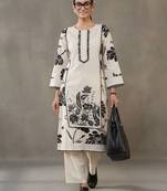 structured workwear women floral printed regular thread work cotton kurta with trousers