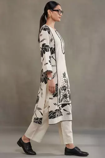 structured workwear women floral printed regular thread work cotton kurta with trousers