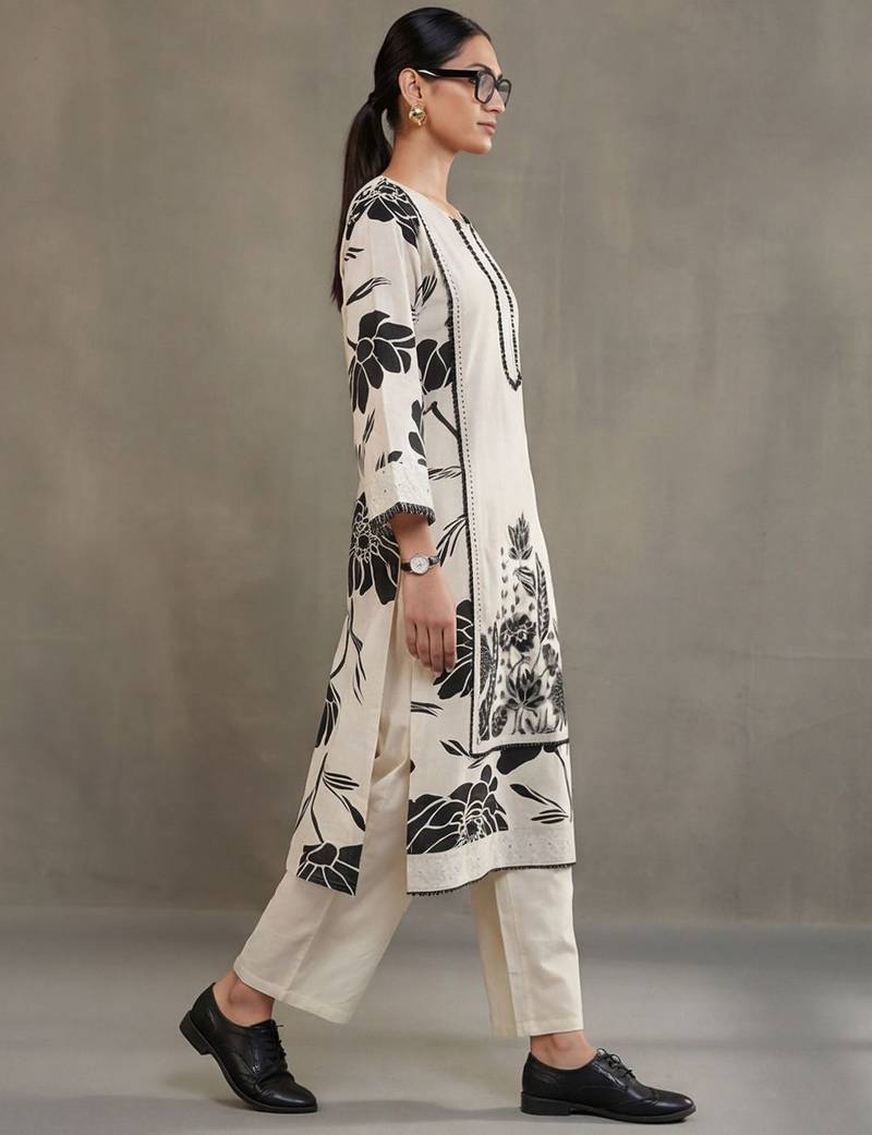 structured workwear women floral printed regular thread work cotton kurta with trousers