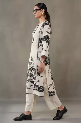 structured workwear women floral printed regular thread work cotton kurta with trousers