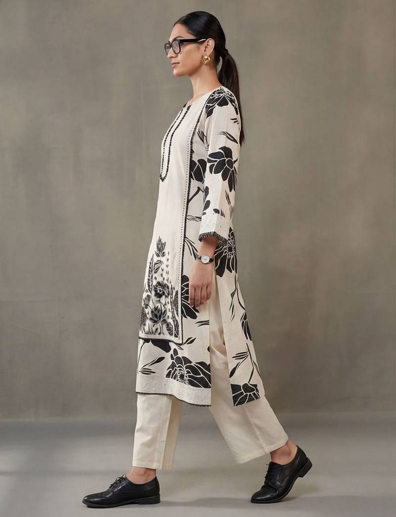 structured workwear women floral printed regular thread work cotton kurta with trousers