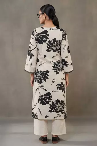 structured workwear women floral printed regular thread work cotton kurta with trousers