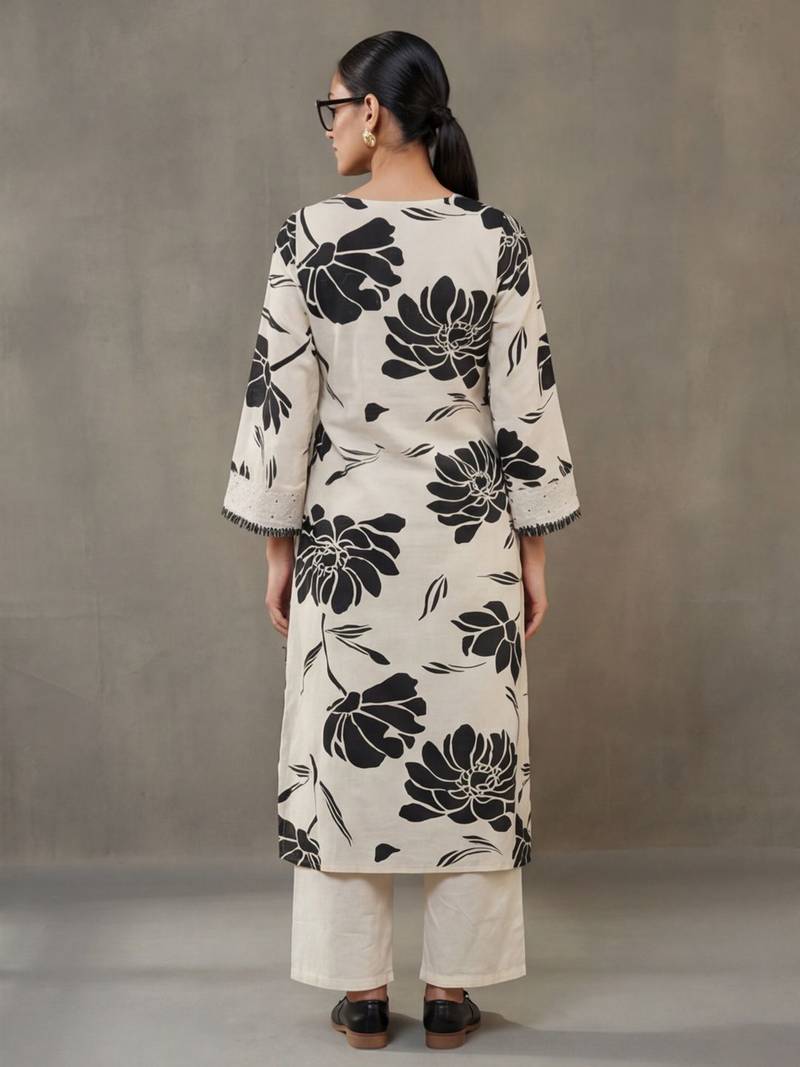 structured workwear women floral printed regular thread work cotton kurta with trousers