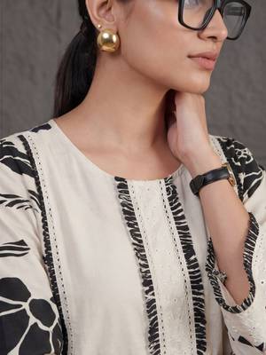 structured workwear women floral printed regular thread work cotton kurta with trousers 6