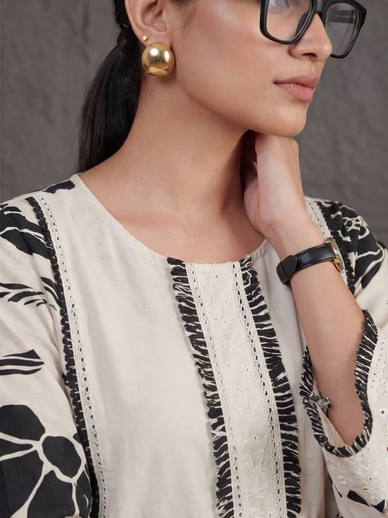 structured workwear women floral printed regular thread work cotton kurta with trousers