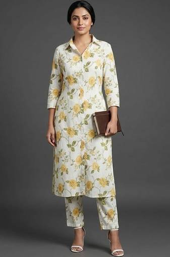 smart women floral printed regular kurta with trousers