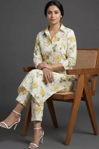 smart women floral printed regular kurta with trousers