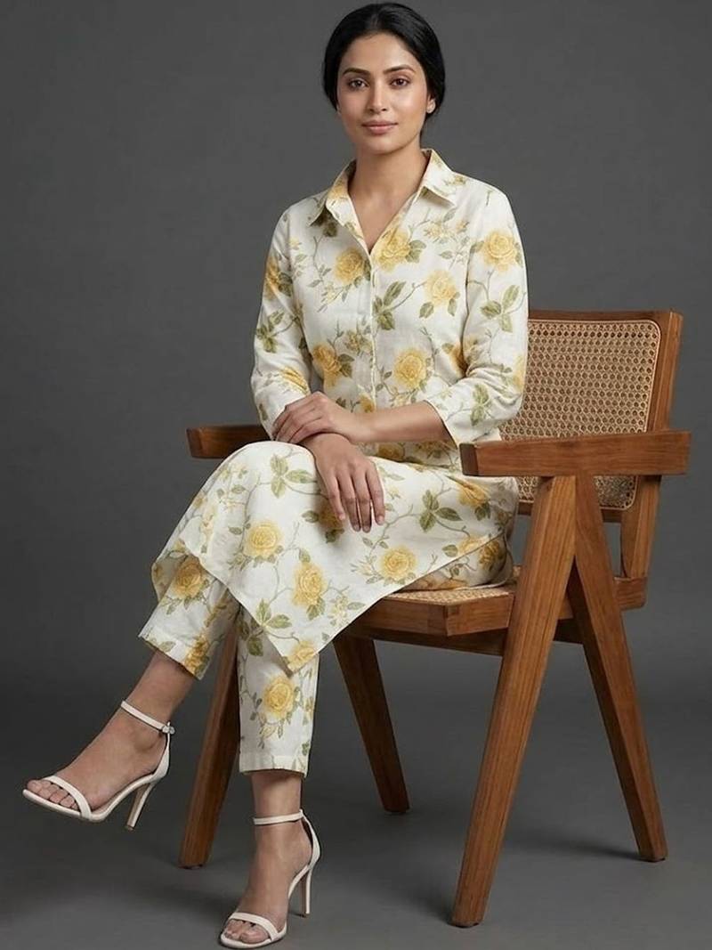smart women floral printed regular kurta with trousers