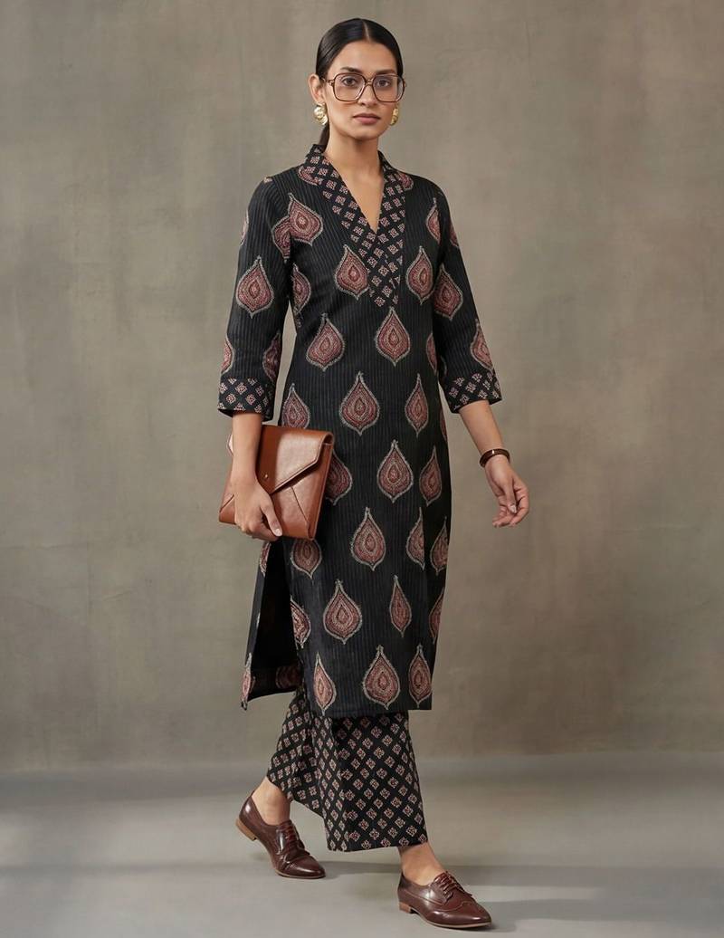 tailored women ethnic motifs printed regular cotton kurta with palazzos