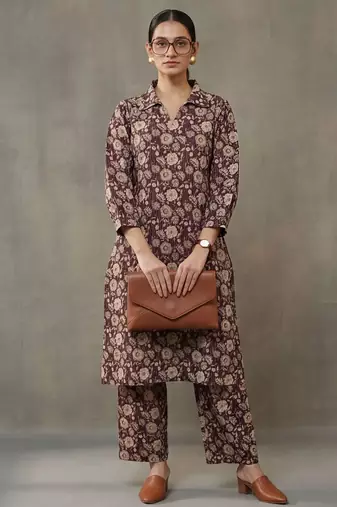 contemporary formal women floral printed regular cotton kurta with trousers
