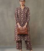 contemporary formal women floral printed regular cotton kurta with trousers