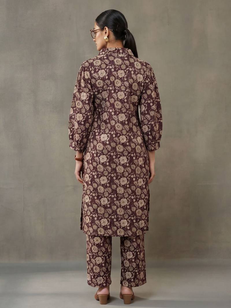 contemporary formal women floral printed regular cotton kurta with trousers